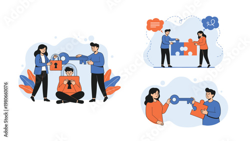 Collaborative security and problem solving scenes showing teams using keys, locks, and puzzle pieces to secure data and find answers.