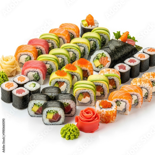 A vibrant assortment of sushi rolls and sashimi arranged on a white surface