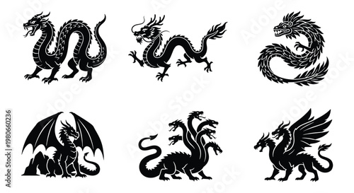 Mythical dragon silhouette collection, 6 black vector icons of legendary creatures, oriental and western dragon symbols, hydra and winged serpent set