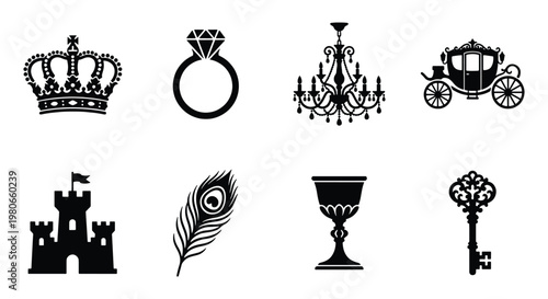 Royal luxury icons set, black silhouette fairy tale elements, 8 vector symbols including crown, castle, diamond ring, and vintage carriage
