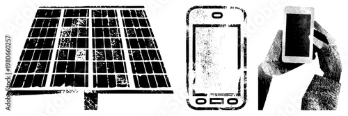 Grungy halftone vector set of renewable energy panel, mobile phone, and hand holding device, isolated digital for UI design, tech themes, sustainability apps.