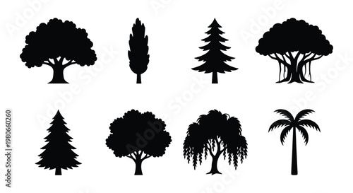 Black tree silhouettes set of 8 vector icons, forest botanical elements collection, isolated nature plant shapes for landscape design and mapping