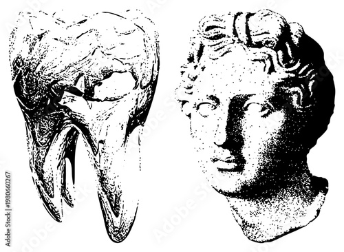 Historical anatomical tooth and classical sculpture bust, black and white halftone style, archaeological artifact illustration, ancient dentistry and art.