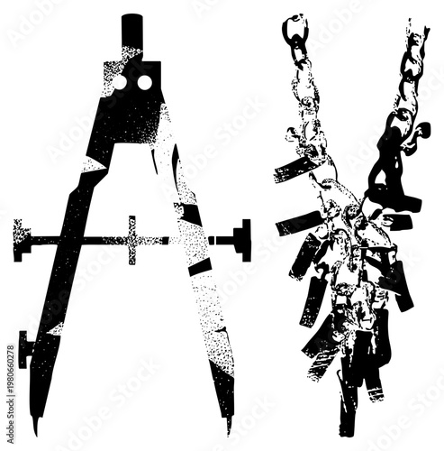 Graphic design featuring bold geometric forms with halftone textures, abstract composition, vector art, aesthetic, modern art elements.