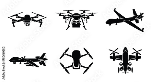 Unmanned aerial vehicle drone silhouettes set, 6 black vector icons of military and commercial aircraft, delivery and surveillance uav collection