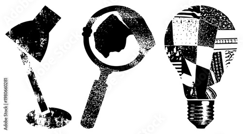 Desk lamp casting focused light, magnifying glass inspecting, lightbulb symbolizing ideas all in bold, textured vector style. Study tools, creative thinking, innovation.