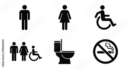 Public restroom signage icons set, black toilet symbols for men and women, handicap accessibility and no smoking vector silhouettes
