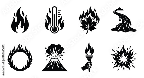 Black fire and heat icons set, 8 flame and disaster vector elements, minimalist volcano and wildfire symbols, burning torch and lava graphics