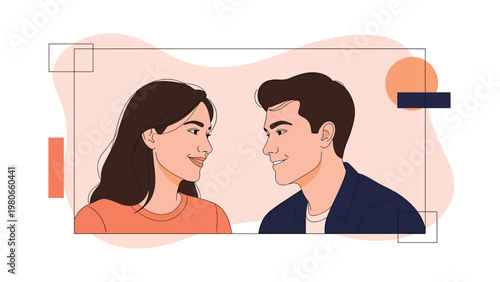 Affectionate young couple looking into each others eyes with gentle smiles against a soft pink artistic background frame.
