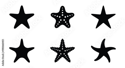 Starfish silhouette vector set, black sea star icons collection, marine life aquatic animal shapes, 6 nautical star elements for coastal design