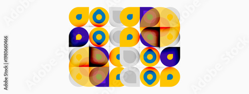 Colorful overlapping circles, squares create abstract pattern. Bright hues dominate white background. Modern geometric design.