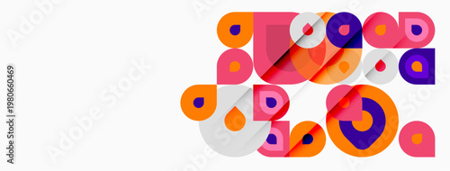 Abstract colorful shapes overlap, creating dynamic composition. Pink, purple, orange hues dominate white background. Modern design.