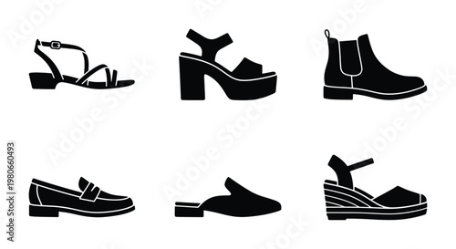 Minimalist footwear icons set, black silhouette women shoes collection, flat vector illustrations of sandals, boots, loafers and wedges