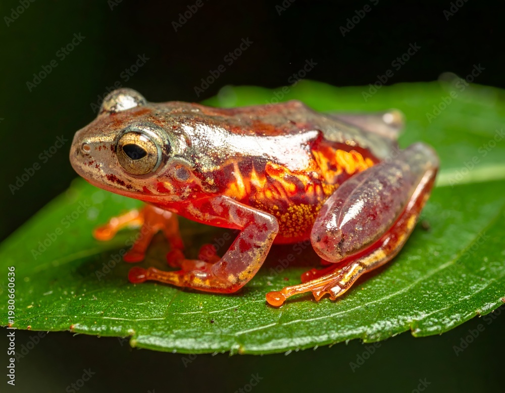Obraz premium Incredible macro wildlife photography of a tiny vibrant exotic poison dart frog resting on a bright green leaf.