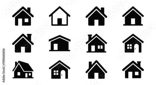 Minimalist house icon set, 12 black home vector symbols, residential building silhouettes for real estate web design and mobile apps