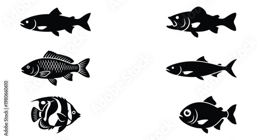 Black fish silhouettes set, 6 vector icons of sea and river fish species, minimalist aquatic animal shapes for fishing logos and seafood branding