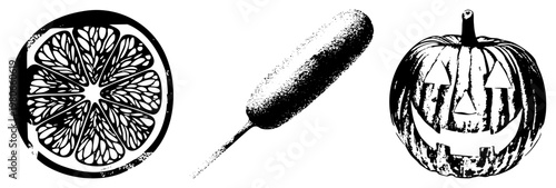 Halloween jack o lantern, citrus fruit slice, corn dog snack, black and white vector, holiday, festive food, graphic design elements.
