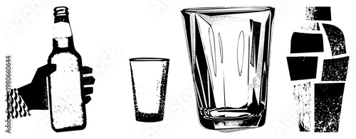 Hand gripping beer bottle, drinking glass, pint glass, beverage containers, halftone style, black and white vector, alcohol, bar elements.