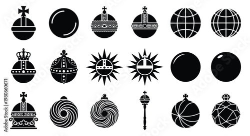 Royal globus cruciger icons set, black sovereign orb and scepter silhouettes, 18 medieval monarchy regalia vector elements for heraldry