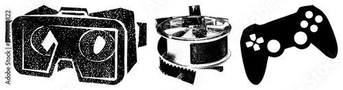 Virtual reality headset, motion controller, film reel, retro gaming gear, digital symbols, black and white vector art, tech culture graphics.