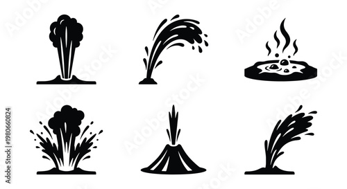 Geyser and hot spring icon set, black and white volcanic eruption vector elements, 6 geothermal water splash and steam vent symbols