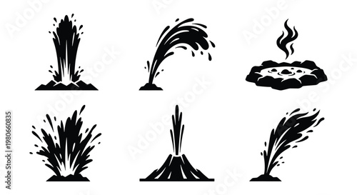Geyser and volcano eruption icons set, black silhouette water splash and steam vent vectors, 6 natural thermal spring and oil gusher elements