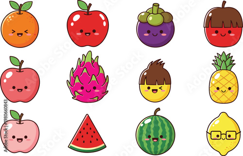 Cute fruit characters collection with apple, pineapple, watermelon, dragon fruit and citrus vector illustration for healthy food and kids design