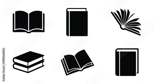 Minimalist book icon set, 6 black vector book symbols, flat academic and literature icons for education, simple library and reading graphics