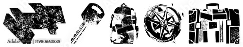 Retro travel symbols including compass, suitcase, key, backpack, and map puzzle, stylized with distressed texture, ideal for wanderlust branding or adventure themes.