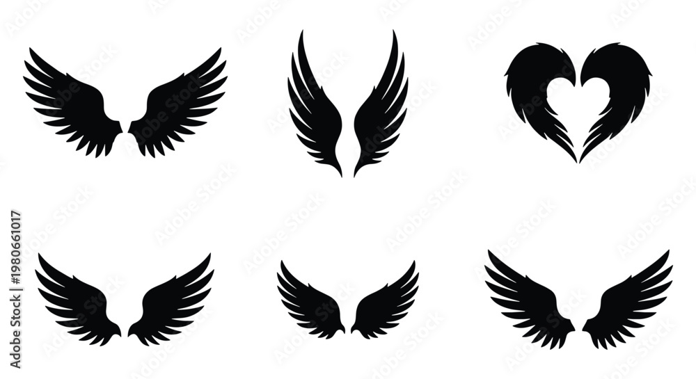 Obraz premium Black wing silhouettes set, 6 pairs of decorative bird and angel wings, gothic feather wing icons for logo design and tattoo art