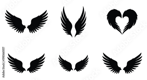 Black wing silhouettes set, 6 pairs of decorative bird and angel wings, gothic feather wing icons for logo design and tattoo art
