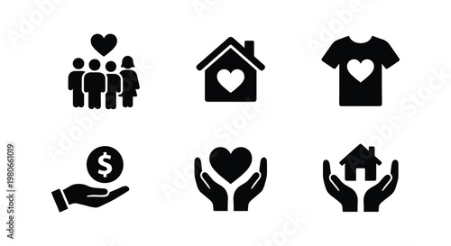 Charity and donation icon set, 6 black solid vector symbols for non-profit organizations, community support and humanitarian aid graphics