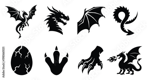 Mythical dragon silhouette icons, set of 8 fantasy creature elements, black dragon head and fire breathing beast vector, dragon egg and claw symbols