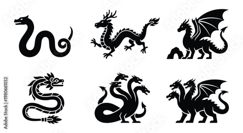 Mythical dragon silhouettes set, 6 black fantasy creature icons, ancient hydra and wyvern vector illustrations, legendary beast graphic elements