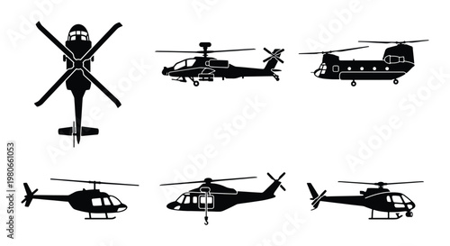 Military and civilian helicopter silhouettes, set of 6 aircraft vector icons, black chopper symbols for aviation and defense infographics