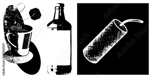 Tea bag steeping in mug, beer bottle with label, soda glass with straw, halftone texture, vector art, beverage, isolated drink elements.