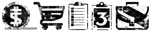 Textured black and white for finance, e commerce, tasks, scheduling, and travel, styled with gritty, worn effects for modern digital interfaces.