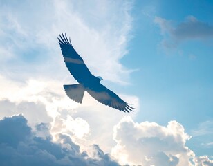 Majestic wildlife photography of a large powerful bald eagle flying gracefully through a bright blue sky with fluffy white clouds.