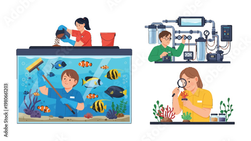 Aquarium maintenance and observation: A composite of illustrations showcasing various aspects of aquarium care and scientific observation
