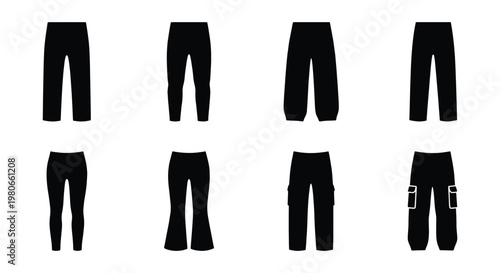 Black pants silhouette icons, set of 8 vector trousers for fashion design, various clothing styles including cargo pants and leggings on white background