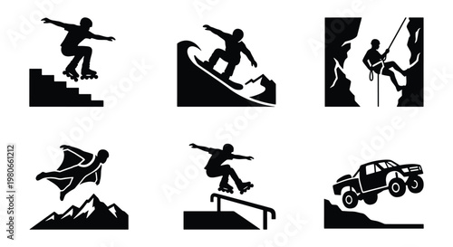 Extreme sports silhouette icons set, 6 vector elements of outdoor adventure activities, black and white action sports symbols for active lifestyle