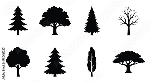 Black tree silhouettes set, collection of 8 forest and garden tree icons, minimalist nature vector elements for landscape design and mapping