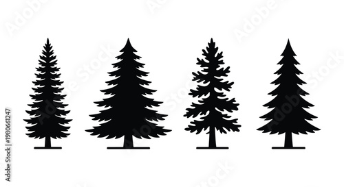Minimalist pine tree silhouettes, set of 4 evergreen conifer vector icons, black forest fir and spruce shapes isolated on white background