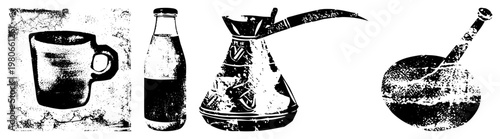 Classic coffee mug with handle, glass milk bottle, ornate coffee pot with spout, wooden spoon in bowl all rendered as halftone vector silhouettes. Retro kitchenware.