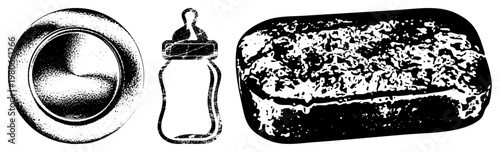Black and white halftone illustrations of baby bottle, plate, and soap bar, minimalist vector for baby care, hygiene, or nursery themes.