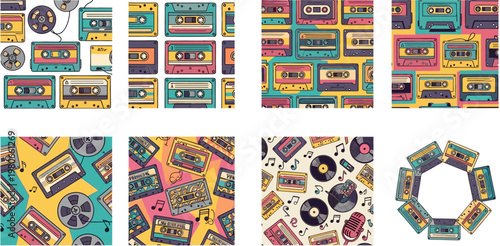 Vintage Cassette Tapes and Vinyl Records in Retro Pattern Design, Music Collection, 80s and 90s Music Themes, Vector Illustration