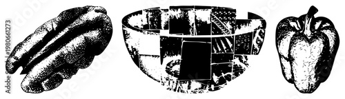 Stylized halftone bell peppers and mosaic bowl, vector art, food graphic,, dotted shading, isolated produce, culinary.