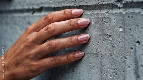 Hand touching rough concrete wall surface