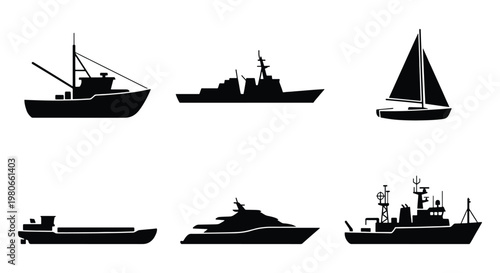 Nautical ship silhouettes set, 6 black vessel icons including yacht and sailboat, maritime transport vector collection for marine logistics and travel