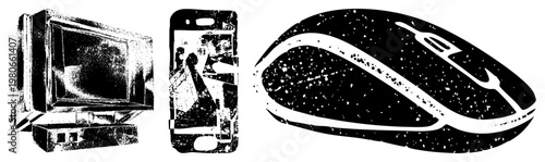 Retro tech devices rendered in gritty halftone, vintage CRT monitor, smartphone with cracked screen, ergonomic mouse, digital nostalgia, tech relics.